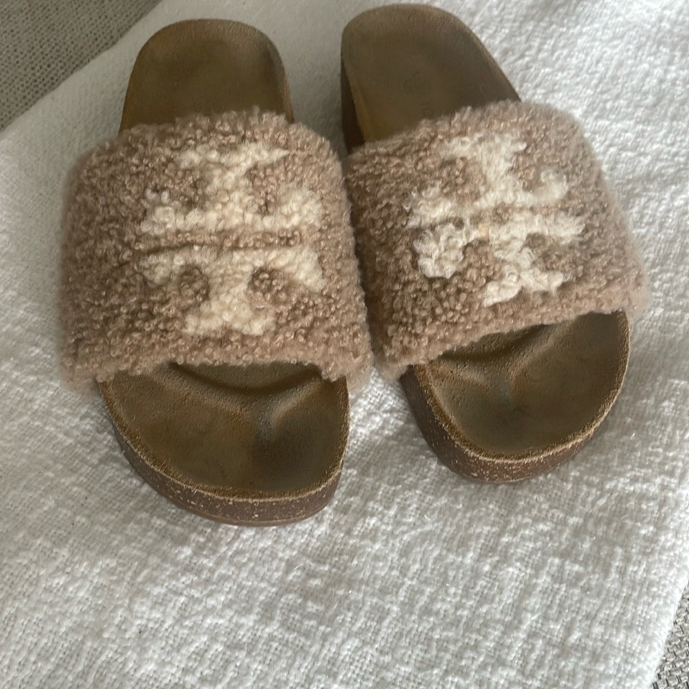 Tory Burch Fuzzy Brown Slide Sandals - Picture 3 of 5